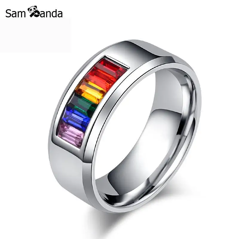 

Male Summer Fine Coloful Ring Jewelry Gorgeous Rainbow Silver Titanium Steel Rings For Men Women Bague Homme Whosesale