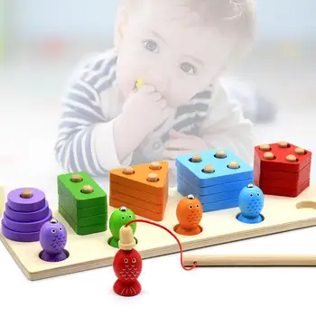 

Wooden Geometric Shapes Magnetic Fishing Montessori Puzzle Educational Toys for Children Game Baby Toddler Fishing Toys
