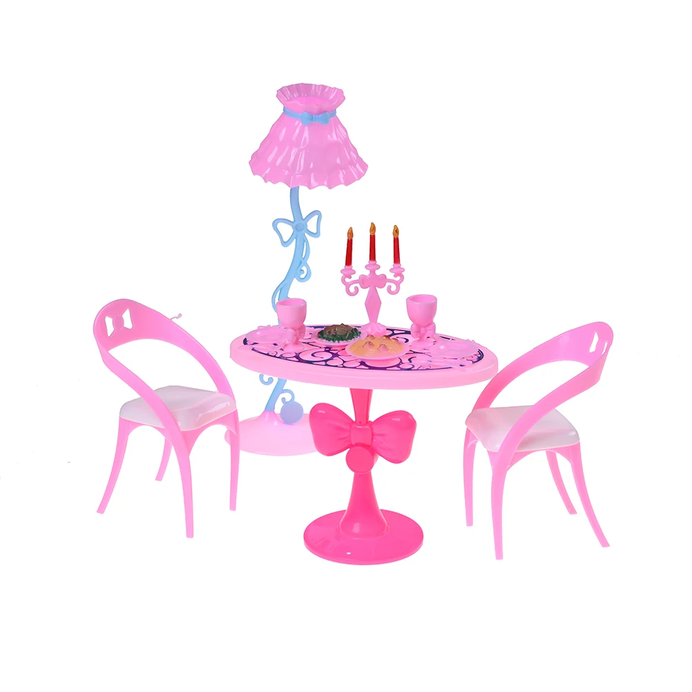 Vintage Table Chairs For Barbie Dolls Furniture Dining Sets Toys For Girl Kid Child For Pink