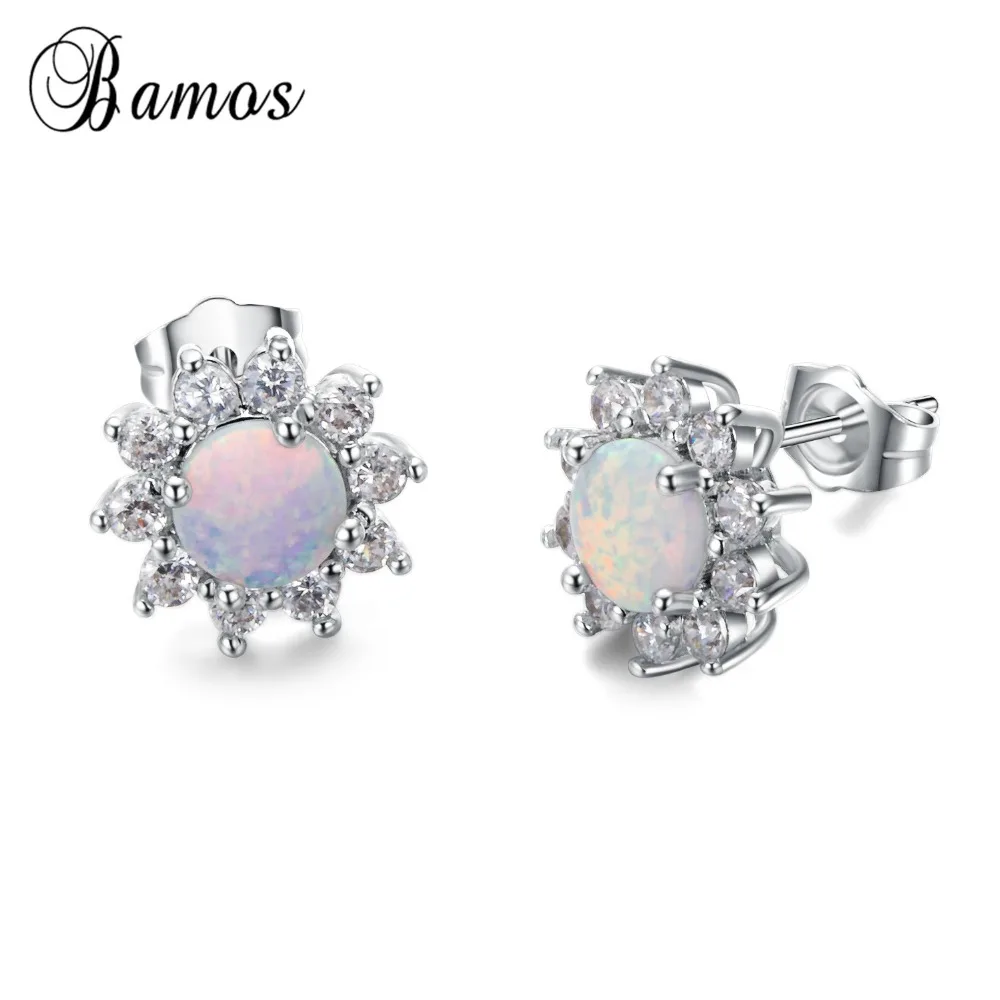 

Bamos Fashion Flower Stud Earring White Fire Opal & Zircon Earrings 925 Sterling Silver Jewelry For Women Best Gifts