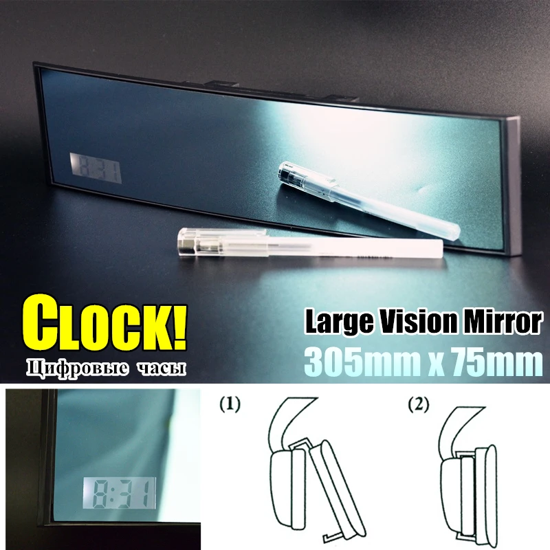 

Car Rearview Interior Mirror with Digital Clock LCD Display Anti-glare Blue Curved Mirror Large Vision Auto Accessories