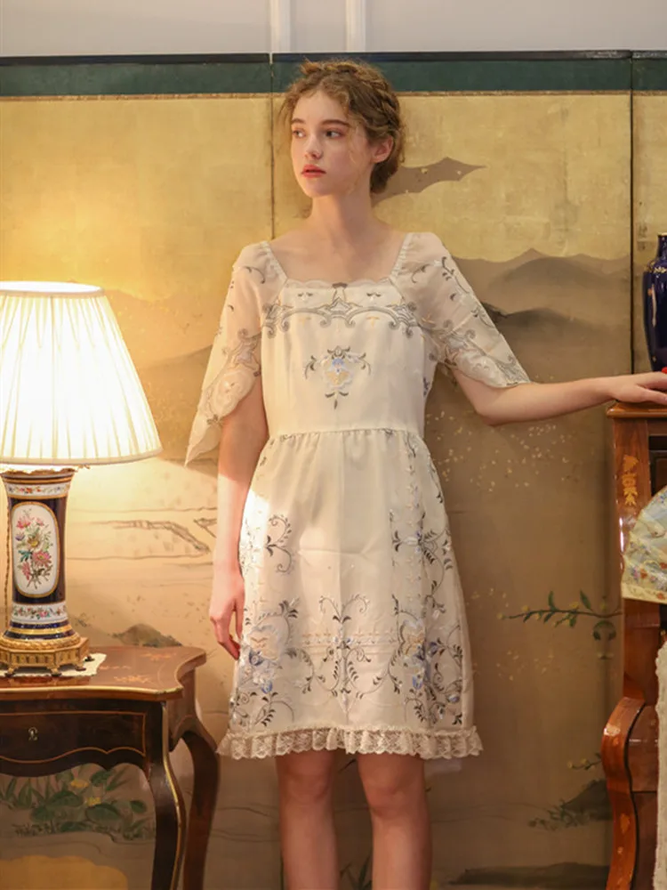 

Summer 2019 Women Vintage Elegant Slim Slik Short Dress Ladies Retro Limited Edition Antique Exquisite Embroidery Formal Dress