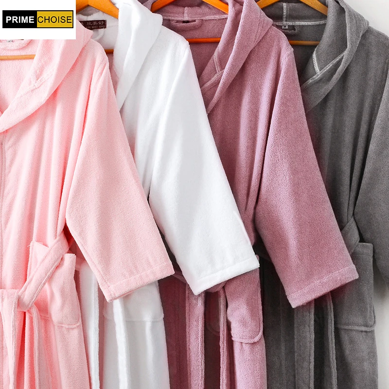 

100% cotton hooded robe female thickening cotton bathrobes male women's lovers bathrobe