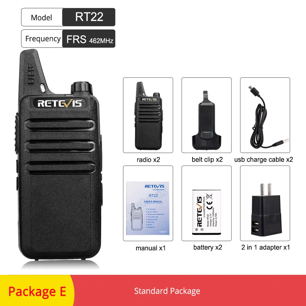 FRS-Package E 2 шт. RETEVIS RT22 RT622 портативная рация мини PMR радио PMR446 FRS VOX usb зарядка удобный двухсторонний радио коммуникатор Woki Toki - Цвет: FRS-Package E