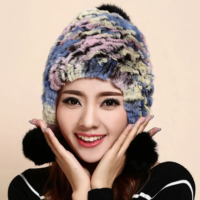

Winter Skullies Ear Flap Beanies Hat Women Genuine Knitted Natural rainbow colorful Stripe Rex Rabbit Fur Hats Russian Hat