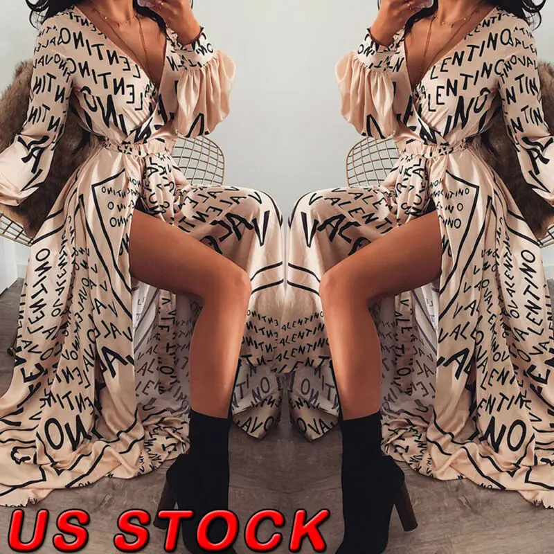 

Women Summe Letter Print Boho V-neck Long Sleeve Slit Maxi Dress Beach Sundress