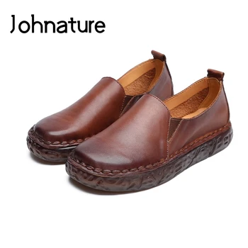 

Johnature 2020 New Spring/Autumn Genuine Leather Casual Round Toe Retro Slip-on Sewing Platform Women Shoes
