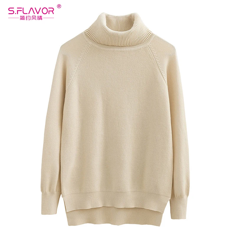 

S.FLAVOR Turtleneck Autumn Winter Knitted Pullover For Women Solid Color Casual Warm Sweater Tops Elegant Female Casual Pullover