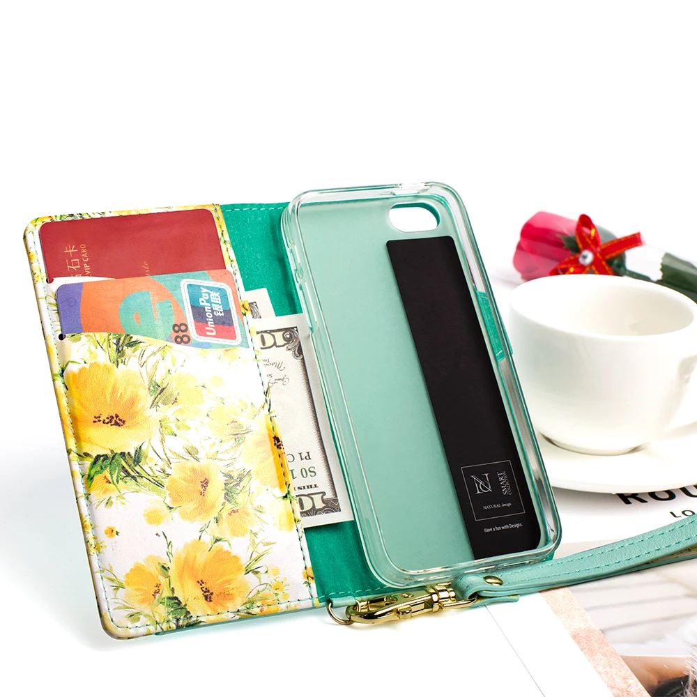 

Cute Floral Pattern Leather Wallet Flip Case For iPhone X 8 7 Case For iPhone 6 6s 7 8 Plus Stand Cards Holder Women Phone Bags