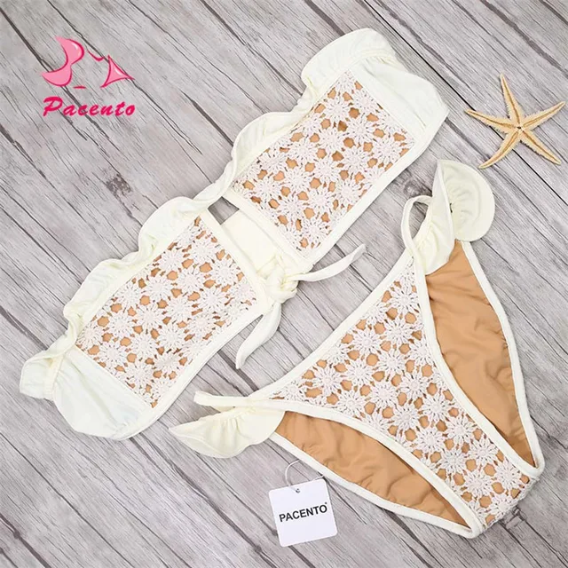 Pacento Bikinis Set Bandeau Crochet 2018 Ruffle Bikini Frilly Lace