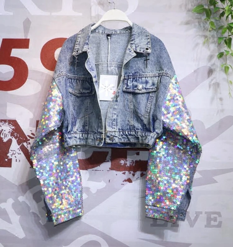 

2017 spring and autumn Thailand tide brand long sleeved jacket all-match multicolored sequins coat-L1608