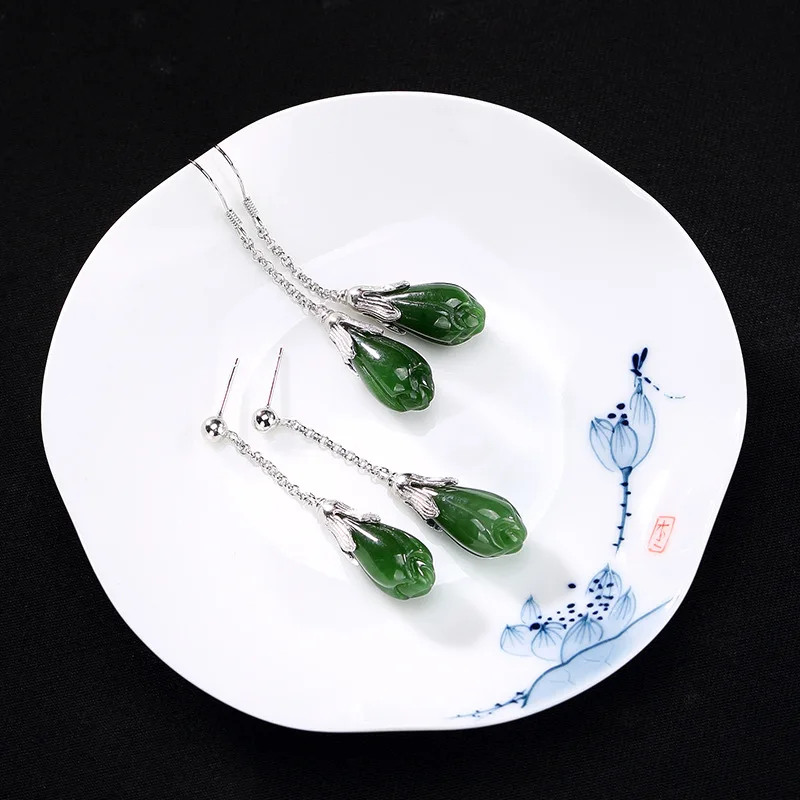 

Silver S925 Sterling Silver Antique Tian Jade Jade Orchid Flower High-grade Ladies' Ear Earrings Earrings Wholesale