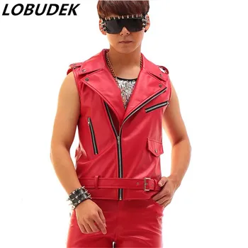 

(vest+pants) PU leather Male Sets Nightclub Bar DS Costume 2 piece sets singer dancer prom show jazz Rock performance Outfit