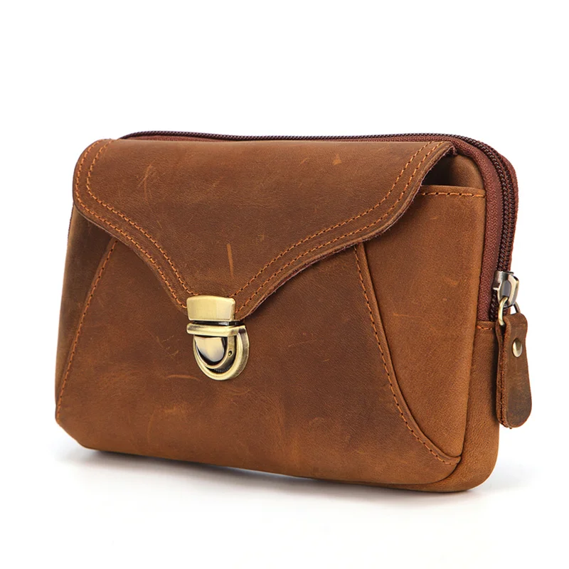 

Waist Bag 7 inch Crazy Horse Leather Mobile Phone Bag Men's Casual Leather Buckle Bag Wear-resistant Fashion Waist Pack