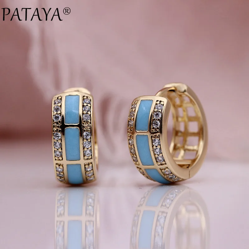 

PATAYA New Blue Draw Oil Unique Circle Dangle Earrings 585 Rose Gold White Natural Zircon Hollow Earrings Women Fashion Jewelry