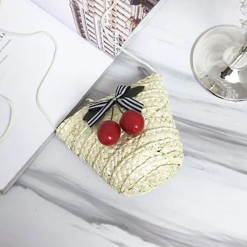 

DCOS Mini Wrap Bag Women Summer Straw Rattan Woven Bag Crossbody Woven Beach Handbag with Cherry Shoulder Bags (White)