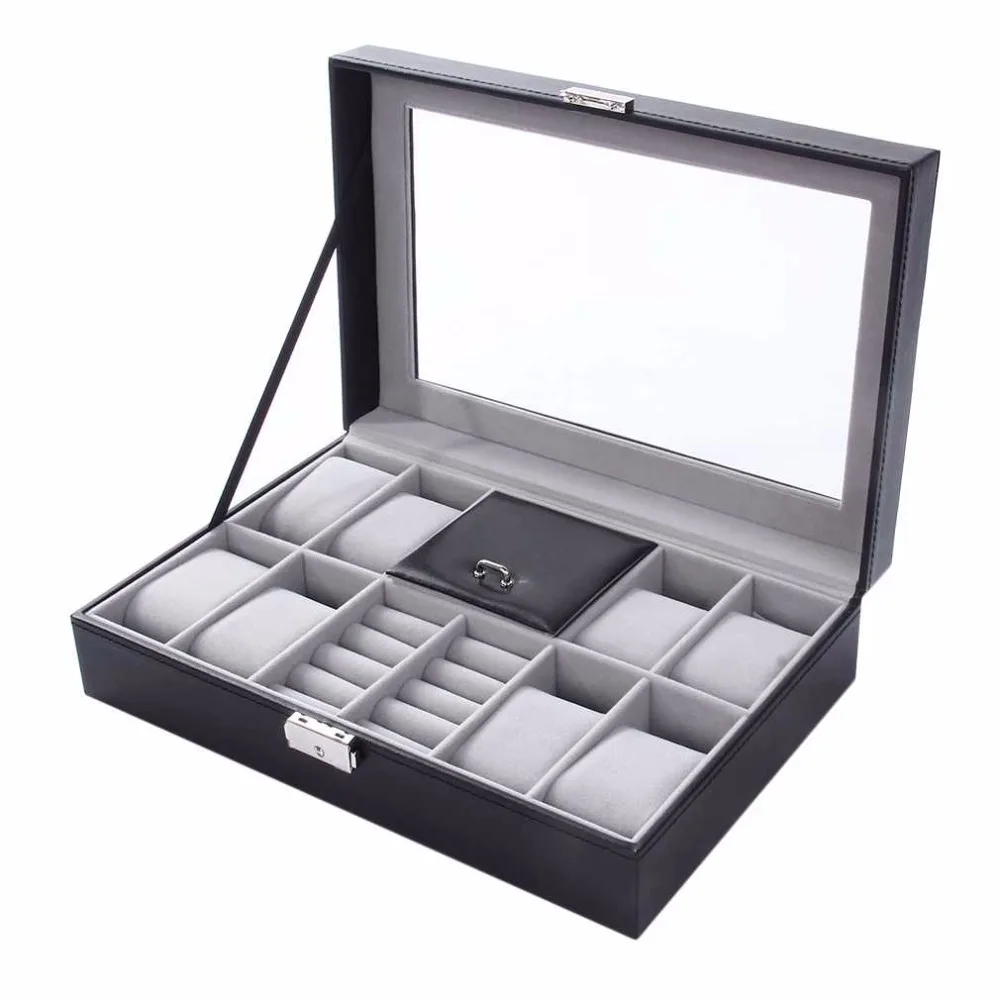 

Black 30*20*8cm 2 In One 8 Grids+3 Mixed Grids Leather Watch Case Storage Organizer Box Luxury Jewelry Ring Display Watch Boxes