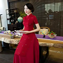 Cheongsam в этническом стиле Элегантная Леди ужин костюм Мода Стенд воротник Тонкий Популярные Новые чувство платье одежда