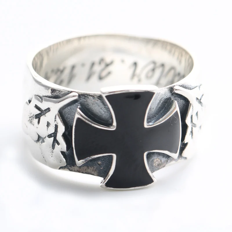 Кольцо с крестом в стиле панк, 925 пробы, серебро, для мужчин, черная эмаль, гравировка, крест, крутая мода, большой размер, кольцо на палец для мужчин, хорошее ювелирное изделие