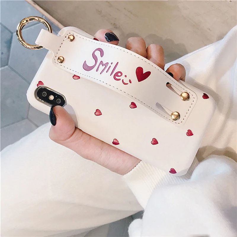 PU Leather Case with Holder Grip for iPhone XS XR XS MAX X 7 plus 7 8 6s plus6s Love Heart Patterned Hard Case with Wrist Strap