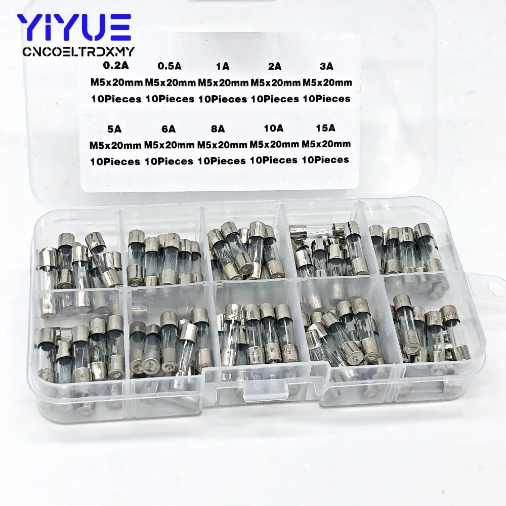 100pcs 5x20mm Quick Fast Blow Glass Fuse 0.2A 0.5A 1A 2A 3A 5A 6A 8A 10A 15A