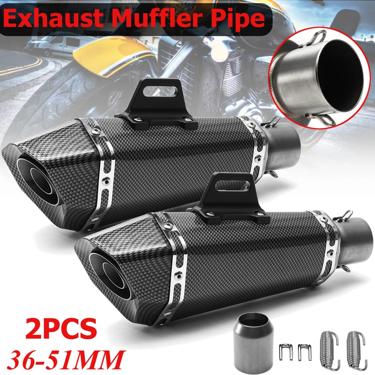 

For Yahama For Honda 2pcs 36mm-51mm Full carbon grain Universal Motorcycle Aluminum Full Exhaust Muffler Pipe System New