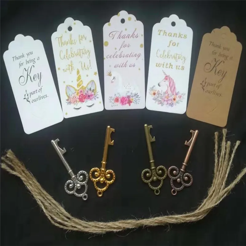 

20 Sets Key Shape Alloy Wine Beer Opener with Unicorn Tag Card for Rustic Wedding Party Favor Souvenir Gifts Unicorn Party Decor