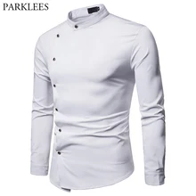 Белая мужская рубашка на косой пуговице, новинка весны, мужская рубашка с воротником "Мандарин", мужская рубашка с длинным рукавом, деловые повседневные рубашки, Chemise Homme