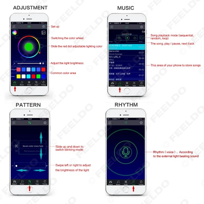 FEELDO 4 шт./компл. Bluetooth Автомобильный умное устройство управления декоративный светодиодный неоновый свет RGB салона автомобиля свет для ног