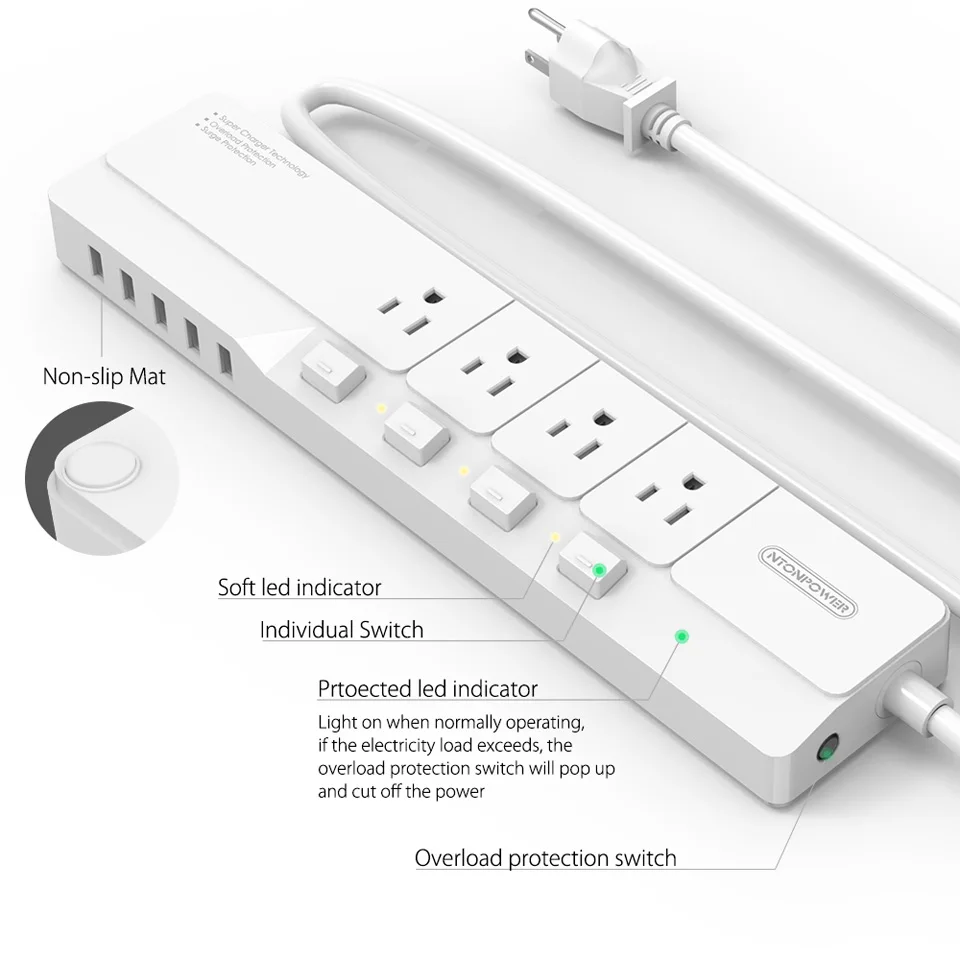 NTON POWER NSJ штепсельная вилка стандарта США с usb зарядным устройством защита от