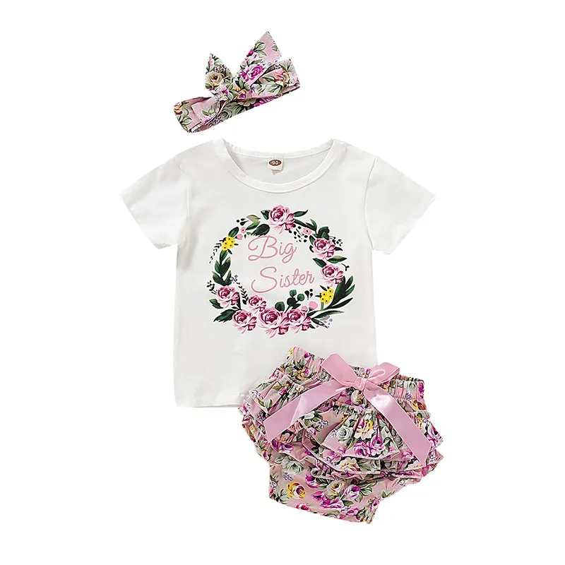 

2019 NEW 3pcs Sets Infant Baby Short Sleeve Letter Print Rompers T-shirt Floral PP Pants Headband Girls Clothes
