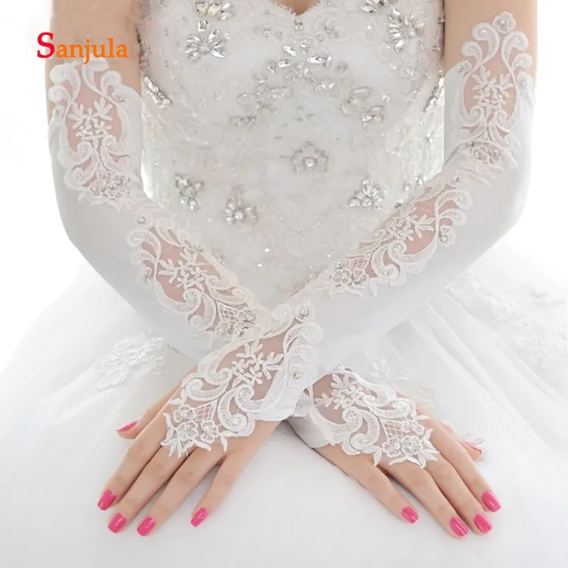 

Fingerless Long Satin Gloves for Bride Lace Appliques Elbow Length Wedding Accessories for Bridal guantes para novias G20