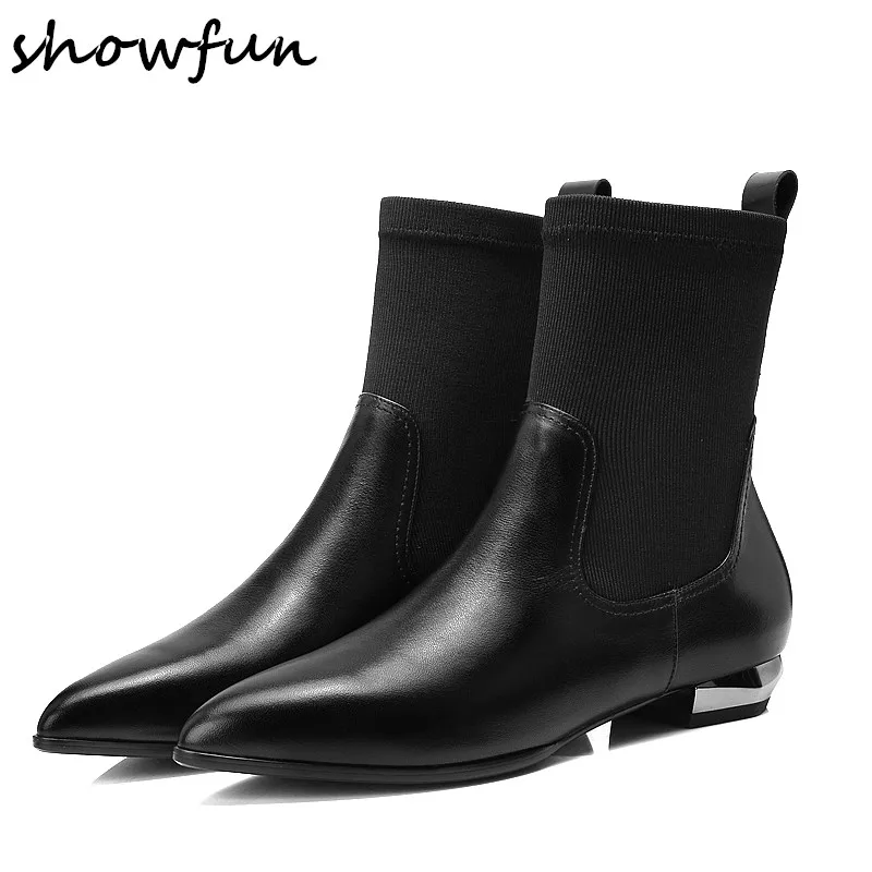 

Plus Size 34-42 Women's Genuine Leather Slip-on Flats Ankle Boots Brand Design Pointed Toe Short Booties Comfort Shoes for Women