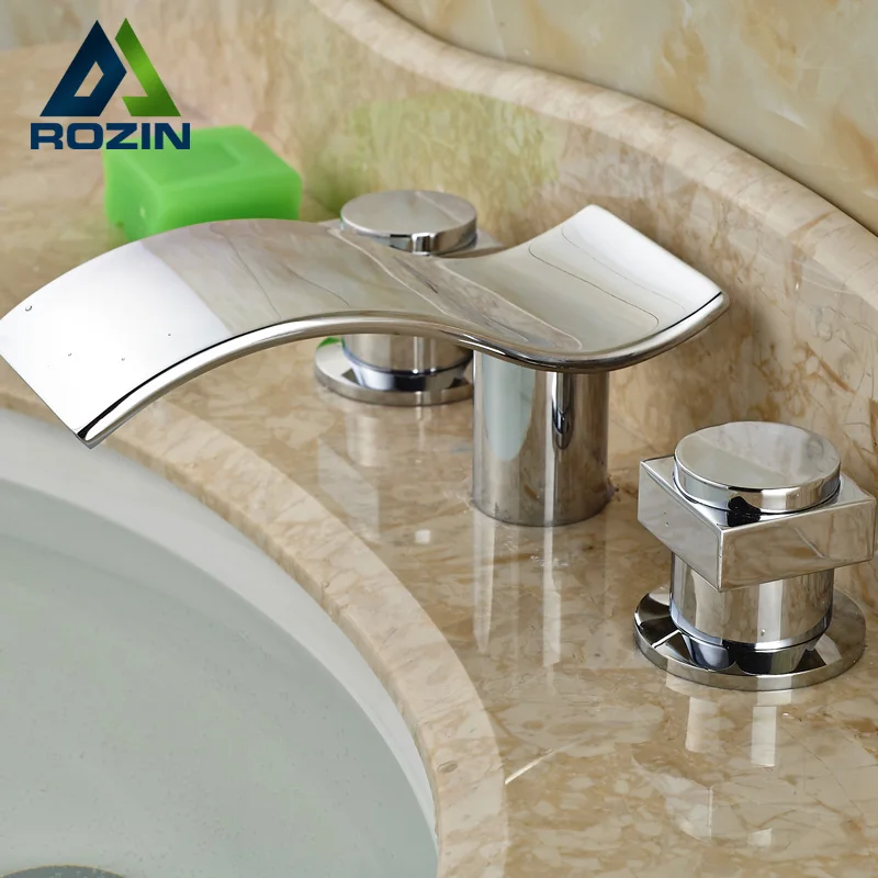 

Deck Mounted Waterfall Bathroom Faucet with Hot and Cold Water Mixer Taps Chrome Finish Dual Handles