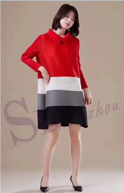 Miyake модная шифоновая полосатая футболка с длинными рукавами и отложным воротником - Цвет: Красный