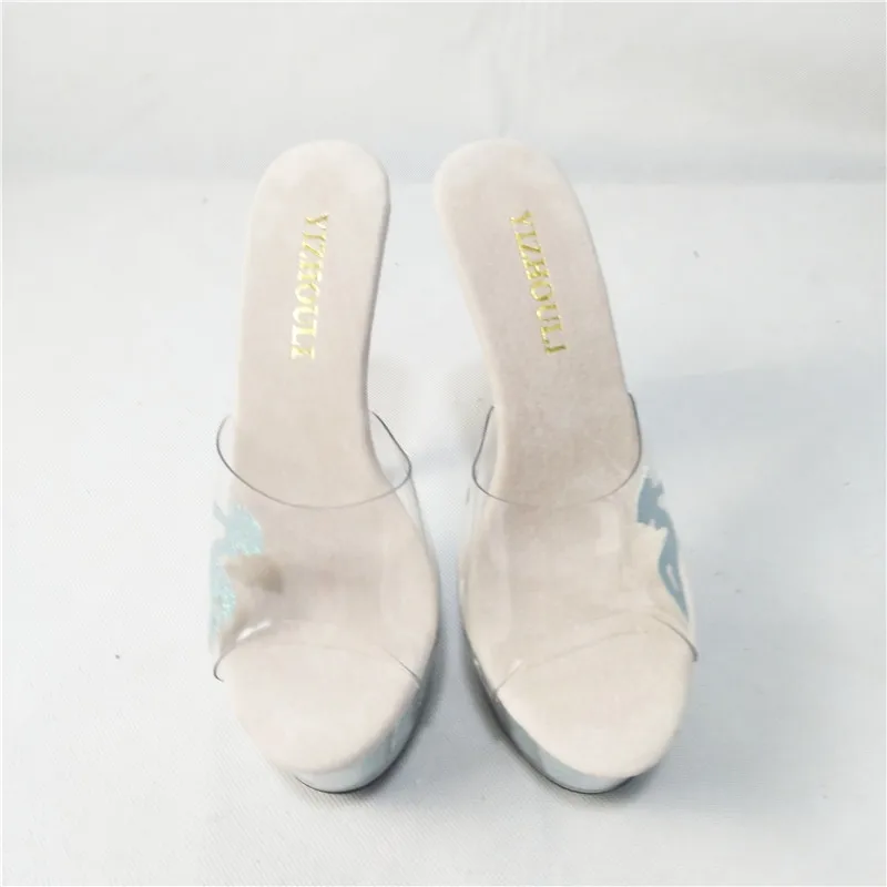 Crystal waterproof platform slippers, 15 cm high heels fashionable female beauty sticker decoration, crystal sandals