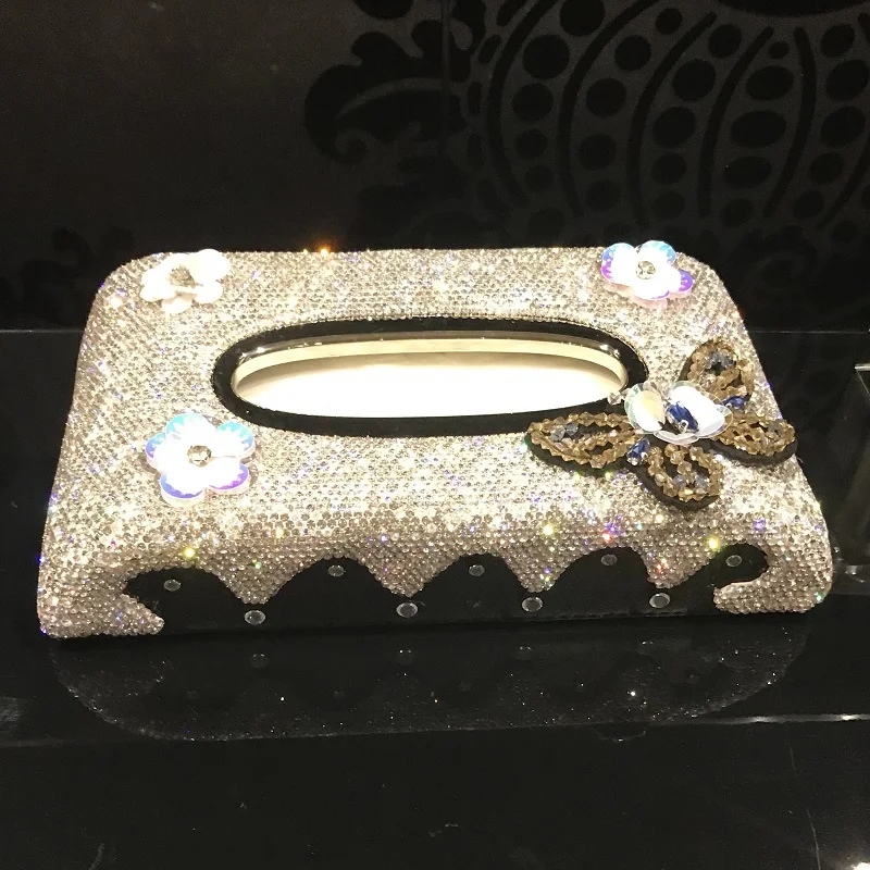 

Block Type Crystal Car Tissue Box with Buttefly Flowers Sparkly Tissue Holder Case Towel Paper Box for Home Car Styling