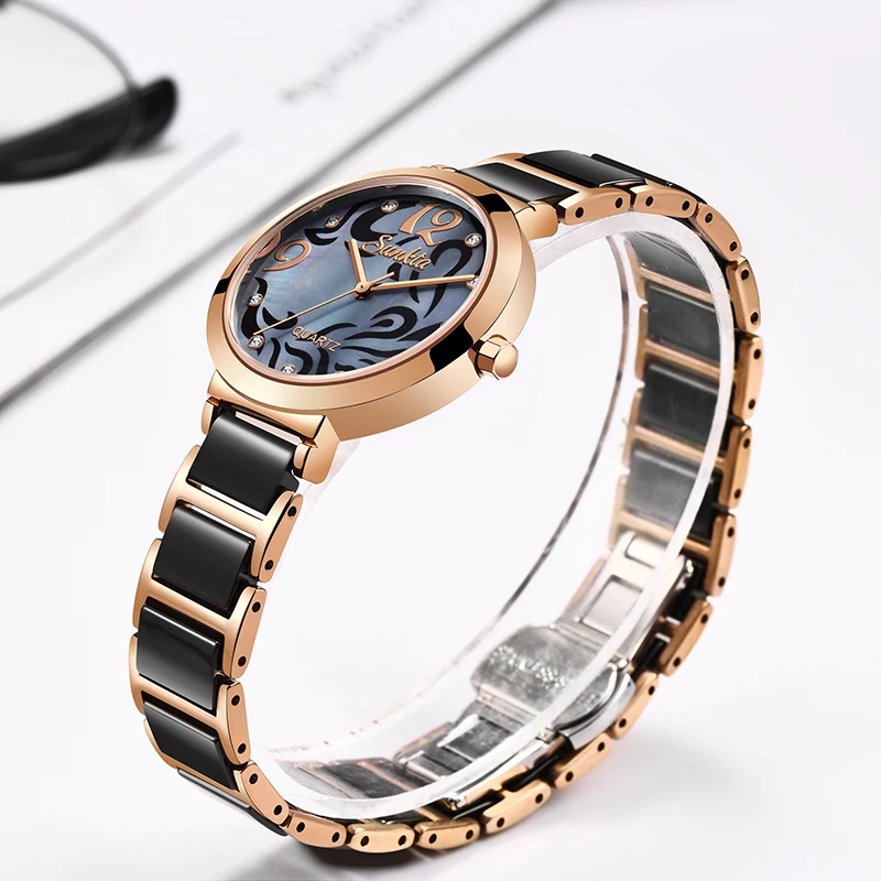 SUNKTA новые женские часы с керамическим ремешком из розового золота, Модные Простые повседневные часы, Кварцевые водонепроницаемые женские часы Zegarek Ddamski