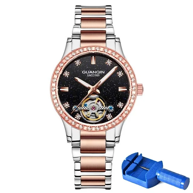 GUANQIN часы женские automatic Tourbillon светящиеся часы Скелет платье водонепроницаемые женские часы Лидирующий бренд Роскошные наручные часы - Цвет: Rose Gold Black Tool