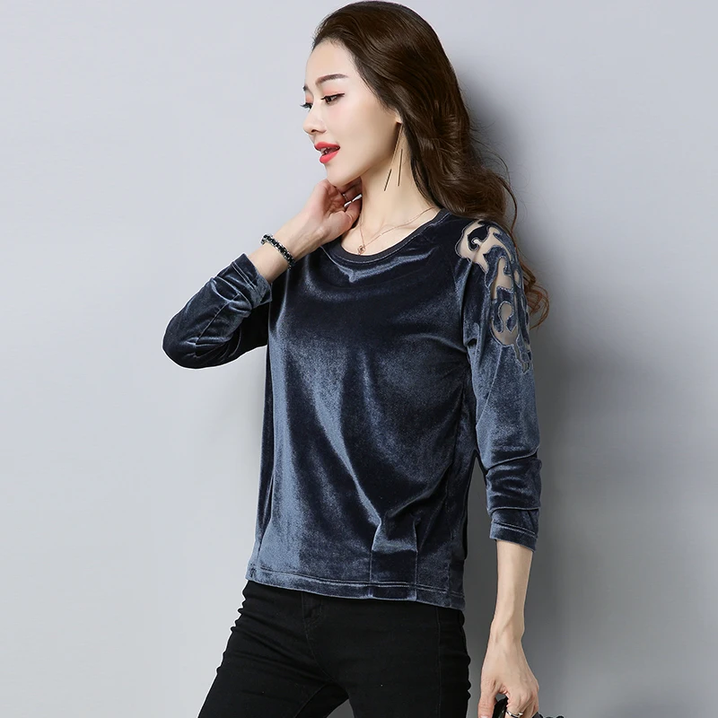 Женская бархатная футболка с длинным рукавом и цветочным принтом|women t shirt|t shirtsolid
