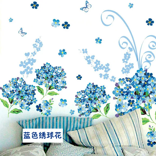 

1pc PVC Wall Decal Large Combination Blue Hydrangea Flower Wall Stickers For Home Decoration ay913