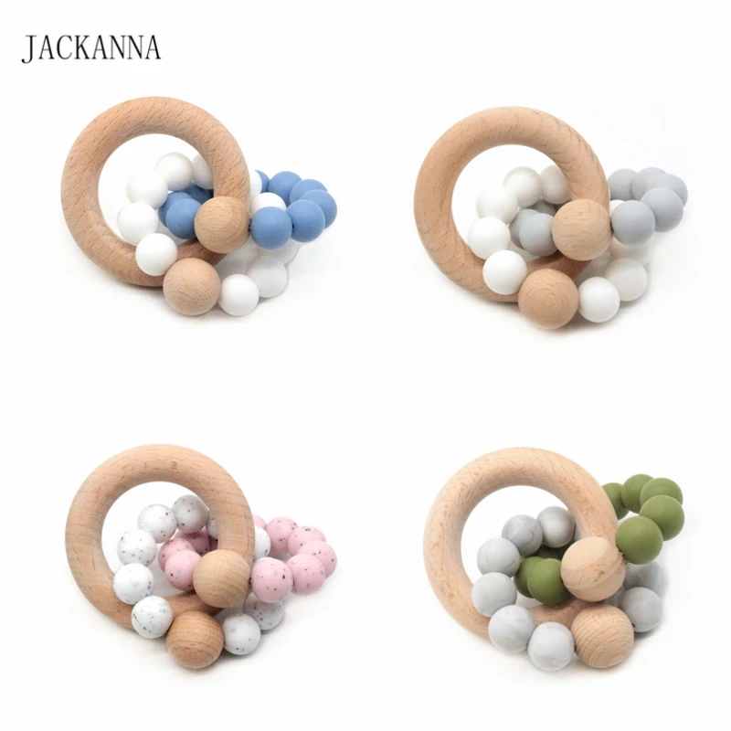 

Food Grade Silicone Baby Teether Ring, Organic Wood Ring Beaded Bangle Teething Bracelet, Newborn Baby Chew Toy Gifts BPA Free