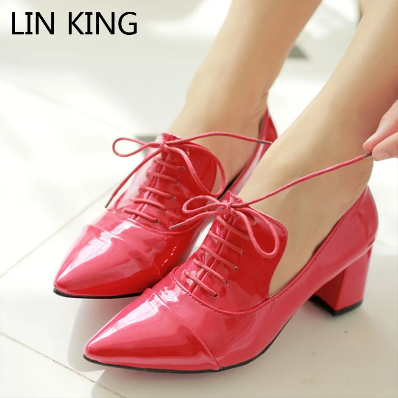 

LIN KING Spring Autumn Square Heel Women Pumps Fashion Lace Up Pointed Toe Short Shoes Thick Sole Ankle Boots Big Size Eur 34-43