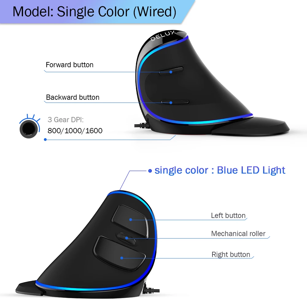 Direita para Computador Rgb com Fio - sem Fio Delux Mais Ergonomia Vertical Gaming Mouse 6 Botões 4000 Dpi Mão Portátil Computador M618 - Imagem 4