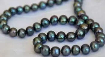 

18" 8-9MM NATURAL TAHITIAN genuine BLACK GREEN PEARL NECKLACE 925silver