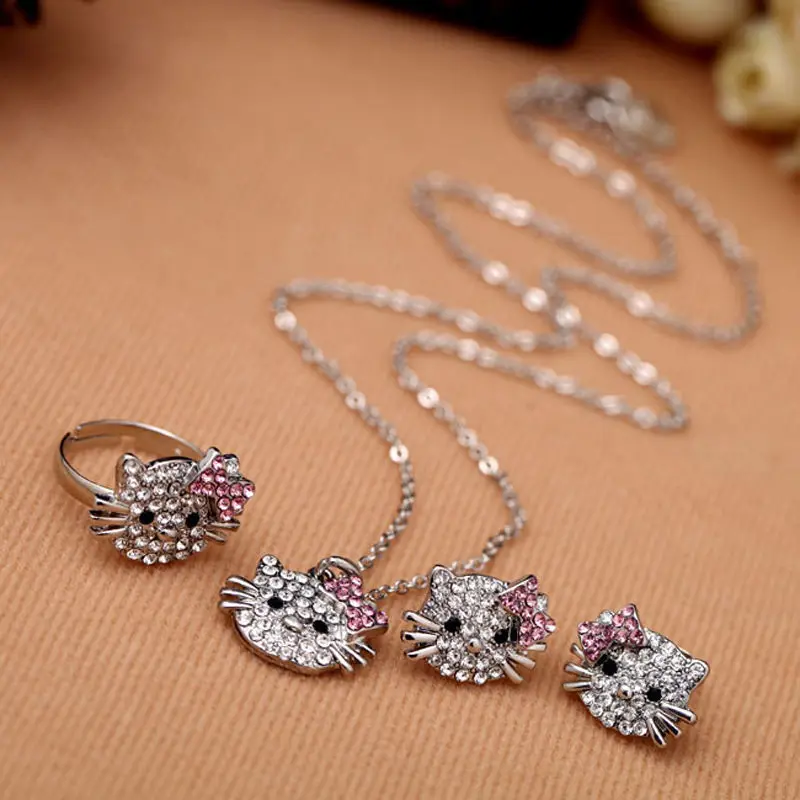 1PCS Clear Rhinestone Lovely Cat Ear Stud Earring Necklace Ring Shiny Crystal Cute Cat Stud  Ring Necklace For Party Gift
