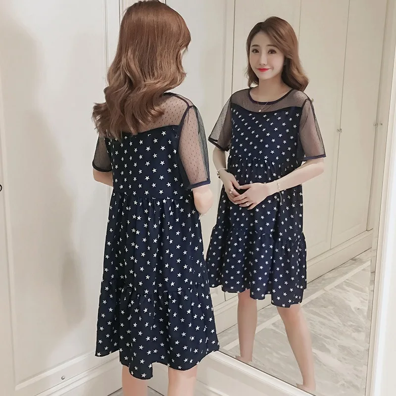 

Pregnant women summer fashion mesh stitching chiffon dress hot mom pregnancy loose maternity dress five-pointed star print