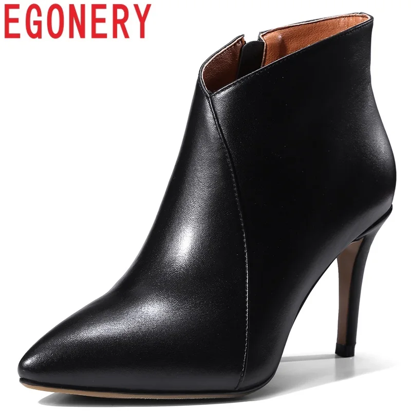 

EGONERY shoes women 2018 newest high quality zipper genuine leather solid super high thin heels pointed toe winter warm booties