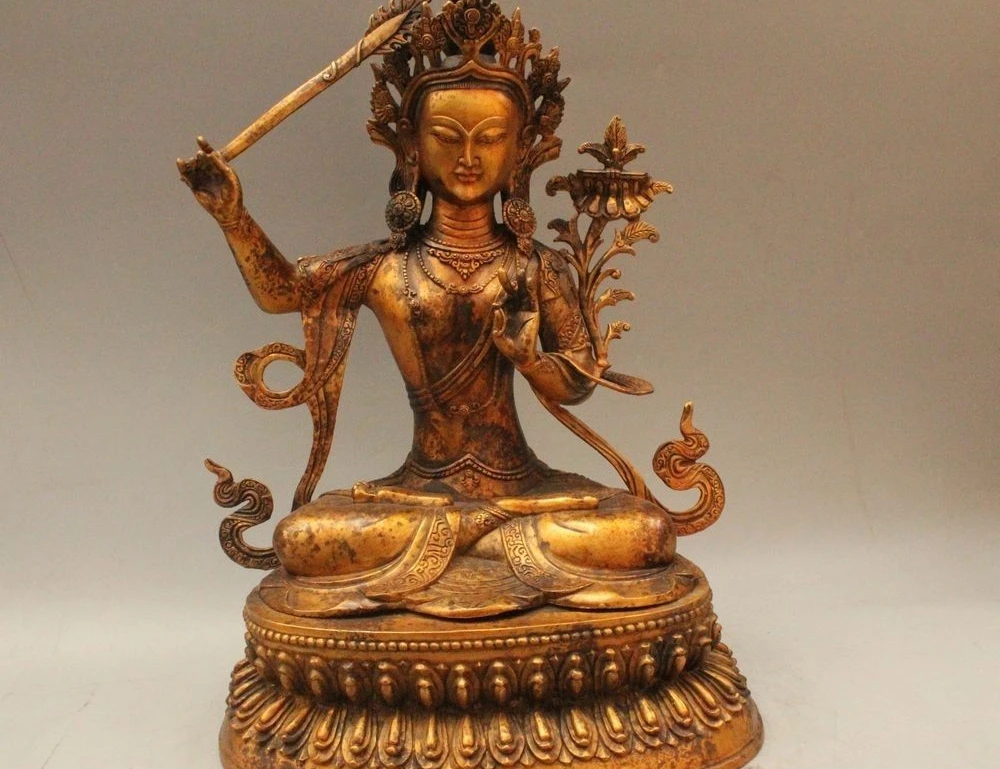 

17" Tibet Buddhism Bronze Gild Seat Wenshu Manjushri Goddess Statue Sculpture