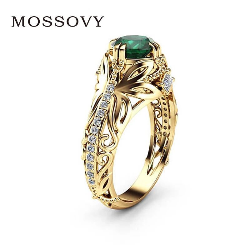 

Mossovy Gold Color Engagement Ring Black Zircon Flower Hollow Wedding Rings for Women Bague Femme Anillos Mujer Fashion Jewelry